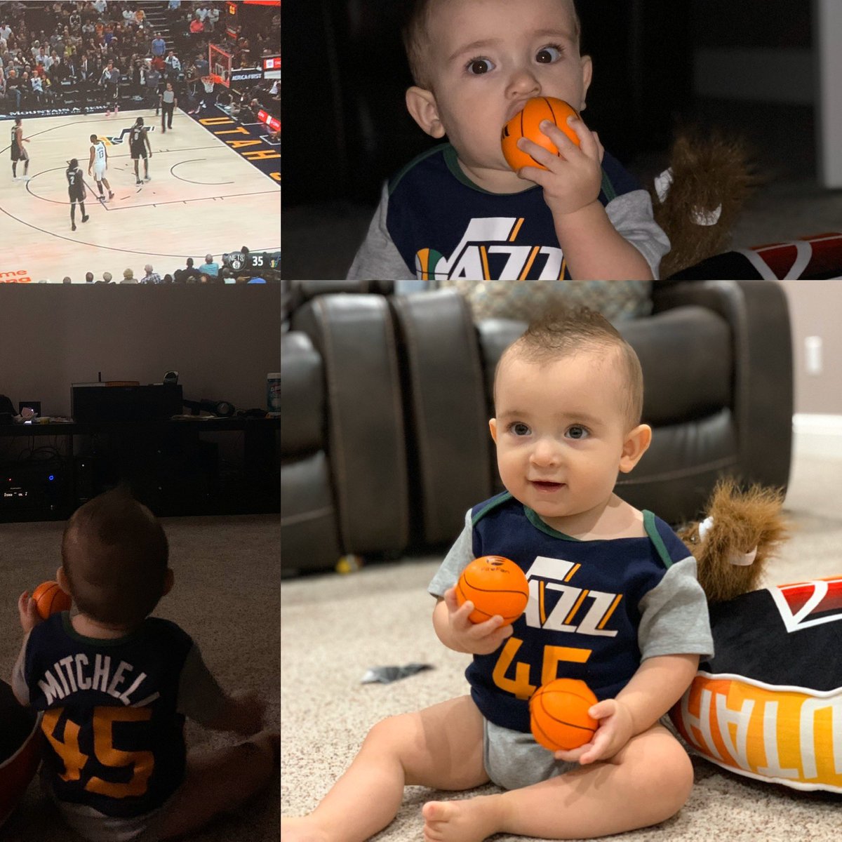 beneggett's tweet photo. Littlest fan geared up and watching the @utahjazz game &amp; ballin with Sisters and Dad #lesolsonit #handsome https://t.co/rzmyZ7rhkX