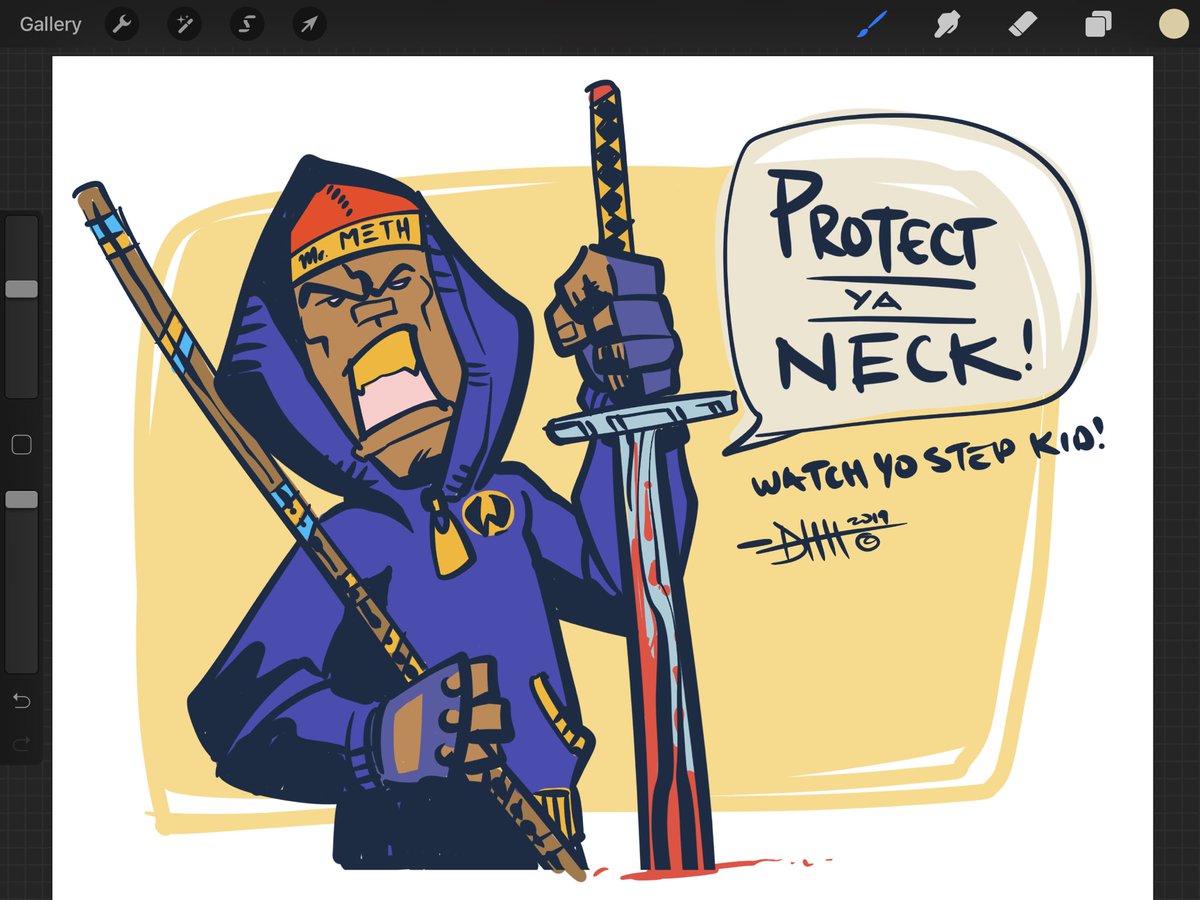 deltatangomike's tweet photo. Who’s already playing, I mean, testing? #procreate5beta #digitalartist #procreate5 #iliketodraw #mrmeth #wuwear #wutang #wuwednesday #wutangsword #shaolin #protectyaneck https://t.co/v92kNEJuRT