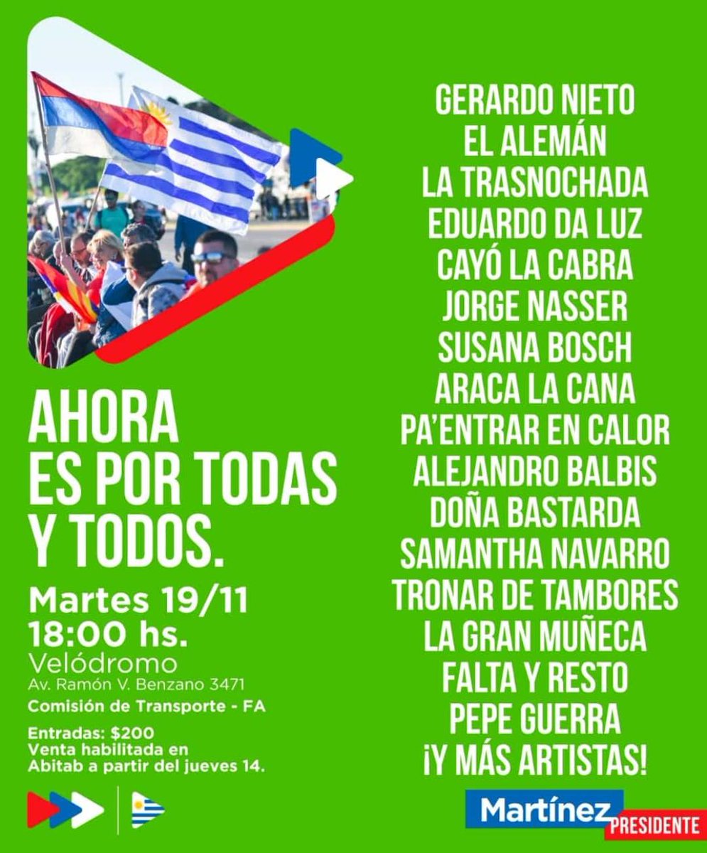 Huelga1973's tweet photo. El martes 19 en el Velódromo (Av  Ramón V. Benzano 3471) a las 18:00hs se va a relizar tremendo espectáculo  con más de 15 artistas y grupos. No te lo podes perder !!!!!!!!!
Las entradas van a estar disponible en Abitab el Jueves 14 Te esperamos!!!!!! https://t.co/sSm23u0RH7