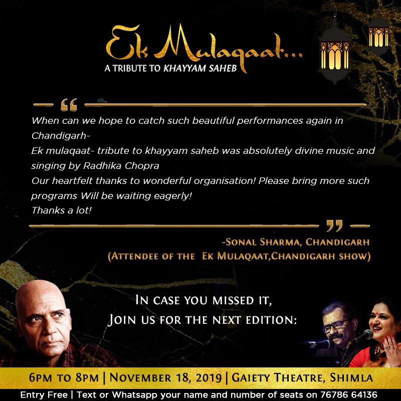 EMulaqaat's tweet photo. Reviews from our premiere show at Chandigarh..

Shimla are you ready? See you on the 18th of November,2019 at Gaiety Theatre

Entry Free - To block your seats contact: 767-866-4136

Location- Gaiety Theatre

#EkMulaqaat #Khayyam #Poetry #Music #LiveEvent https://t.co/8iiIanVmz9