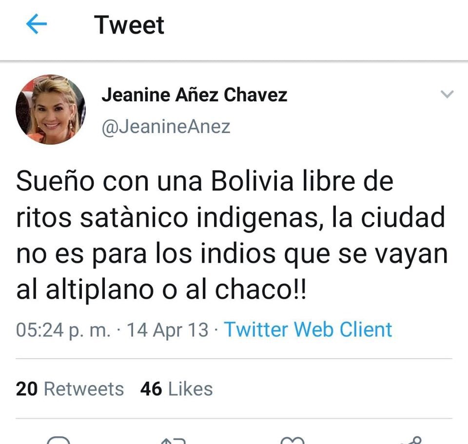 lhan55's tweet image. Jeanine Áñez, la autoproclamada presidenta de Bolivia, soñaba con un país “libre de ritos satánicos indígenas”. Exigía que los indios se fueran al Altiplano o al Chaco.