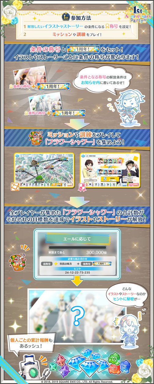 公式 ワールドエンドヒーローズ 1st Anniversary Party の遊び方 それぞれのイラストや ストーリーの解放条件となる称号を設定し ミッションや訓練をプレイして フラワーシャワー を集めよう フラワーシャワーが目標数値に達すると イラストや