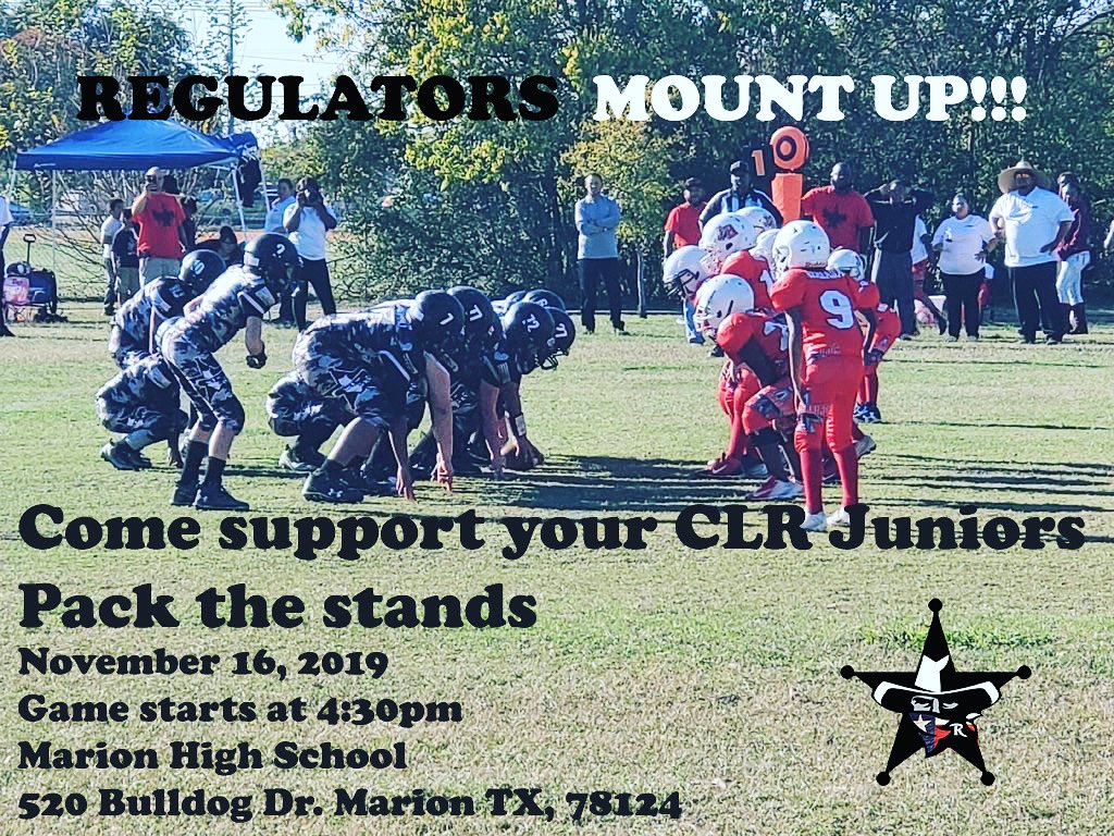 CLRegulators's tweet photo. Regulator Nation MOUNT UP it is the Playoffs, your County Line Regulator Juniors are hosting a rematch with the Cibolo Spartans.  Help Pack the stands and cheer on the Juniors #countylineregulators  #regulatorsmountup #youthfootball #tyfafootball2019🏈 #tyfafootballplayoffs2019🏈 https://t.co/7AhW4gybng
