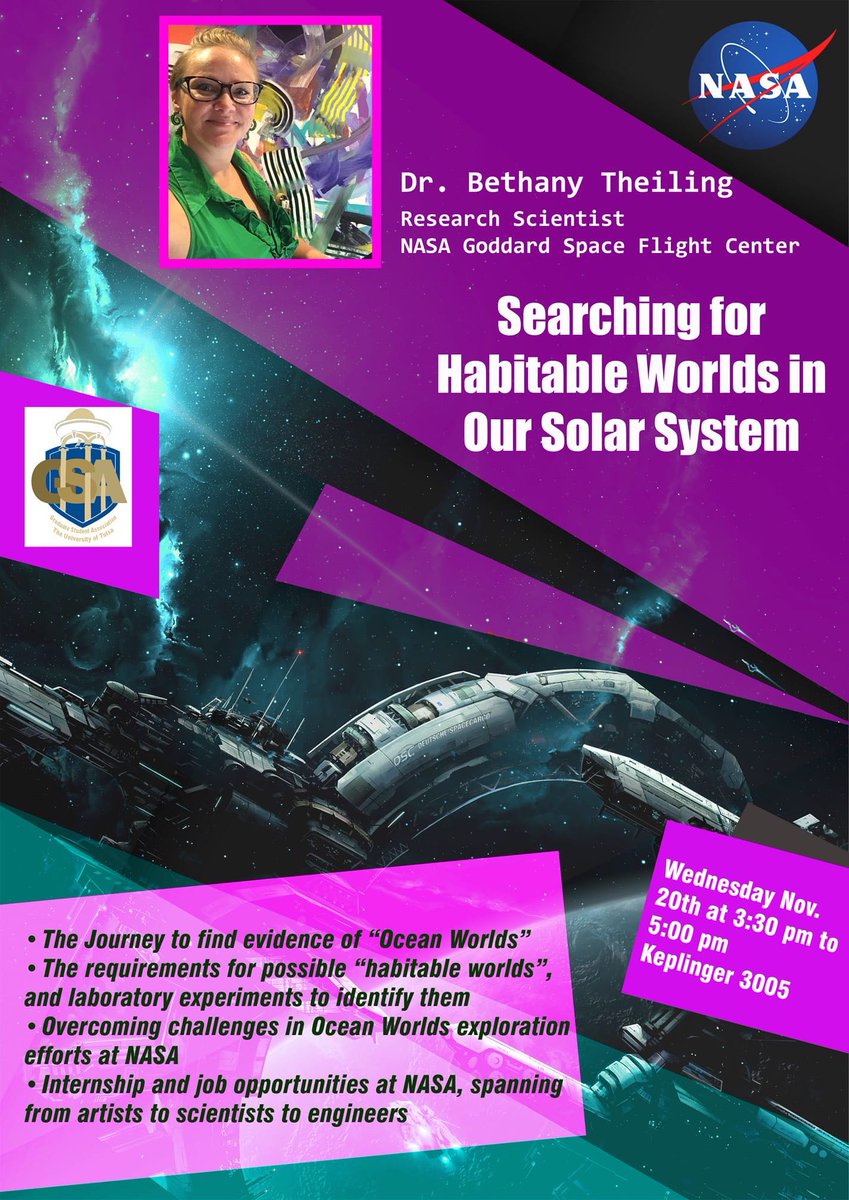 AAPGUTulsa's tweet photo. @utulsa peeps: Come see our guest speaker talk about her research looking for life on other planets and internship opportunities with NASA! https://t.co/7cXENCyCch