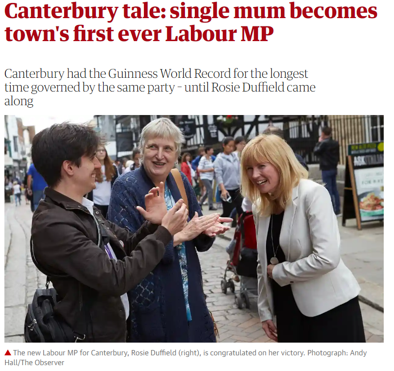 in 2017, labour took canterbury off the tories for the first time ever. pro-remain rosie duffield narrowly defeated the incumbent conservative sir julian brazier (mp since 1987!)