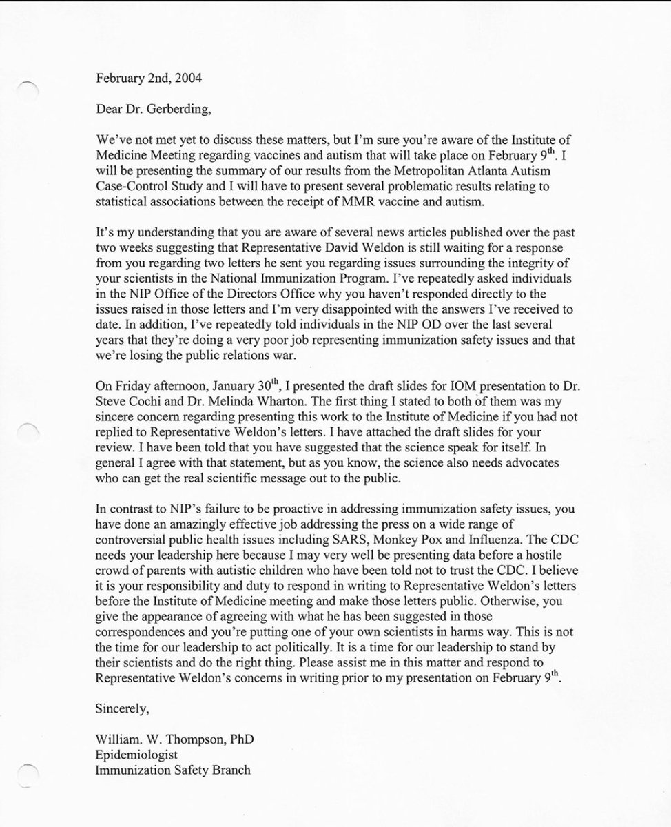 Luckily he saved all the documentation that the team destroyed.Below is a 2004 letter sent by Dr. Thompson to the then CDC director Dr. Julie Gerberding about the team hiding evidenceIn 2014, Dr. Gerberding had already been hired by Merck as their EXECUTIVE VICE PRESIDENT