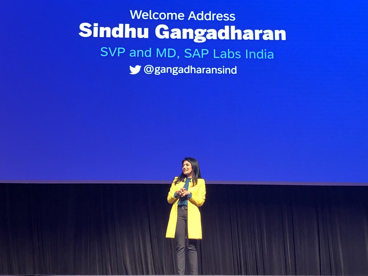 Making history! <a href="/gangadharansind/">Sindhu Gangadharan</a> the first woman MD of SAP Labs India takes center stage to welcome the #SAPTechEd audience.