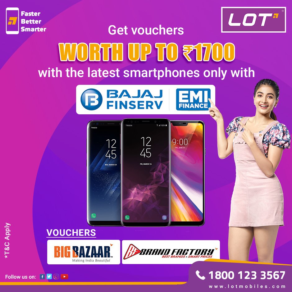 Lotmobiles's tweet image. #Lotmobiles has big things placed in its store. Buy the latest #smartphones on #Bajajfinserv and get #bigbazaar and #brandfactory vouchers worth Rs. 7000 of only at Lot mobiles. Hurry there is a lot more in the #LOTstore .