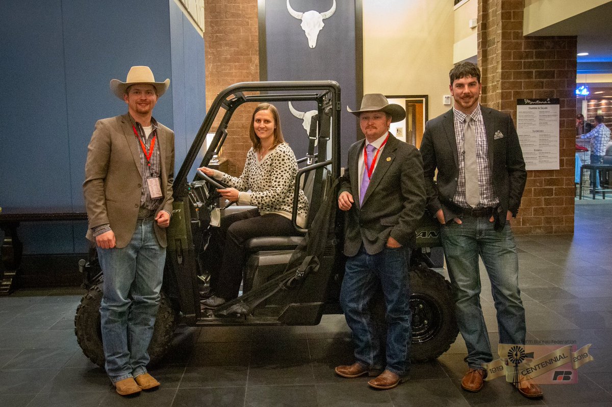 MTFarmBureau's tweet photo. FINAL FOUR >> Congratulations to Rocky Forseth, Kim Gibbs, JM Peck and Mark Boyd on making it to the final round of the 2019 Young Farmers and Ranchers #DiscussionMeet! One of them will take this #Polaris Ranger home tomorrow night. #mfbf19 #farmbureauproud https://t.co/MVnVWzYmpw