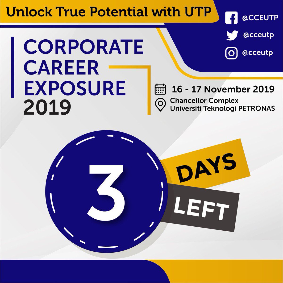 cceutp's tweet photo. 🔥[CCE IS BACK #3]🔥

Are you ready for CCE19? There is only 3 days left to CCE19 Main Day!

Remember to keep yourself updated by tuning up to our social media platforms! Discover your dream career with the companies over there!

#CCE19 #CCEisBack #UnlockPotential #3DaysCountdown https://t.co/8le4oMHjkA