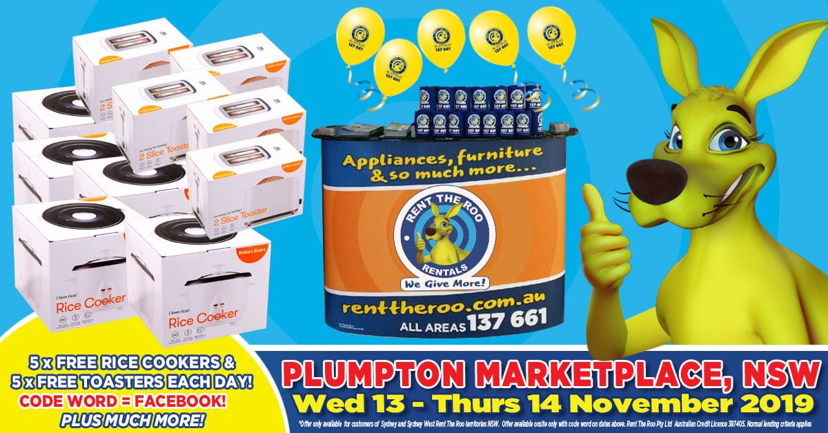 RentTheRoo's tweet photo. PLUMPTON, NSW, WANT FREEBIES?
Rent The Roo is at Plumpton Marketplace Wed 13th &amp; Thus 14th Nov 2019.
The first 10 who visit us each day &amp; say the magic word 'FACEBOOK' can choose a FREE GIFT!* 
*Strictly one GIFT per person - only at Plumpton, NSW,  on dates above #Renttheroo https://t.co/ZzMpfb0eVb