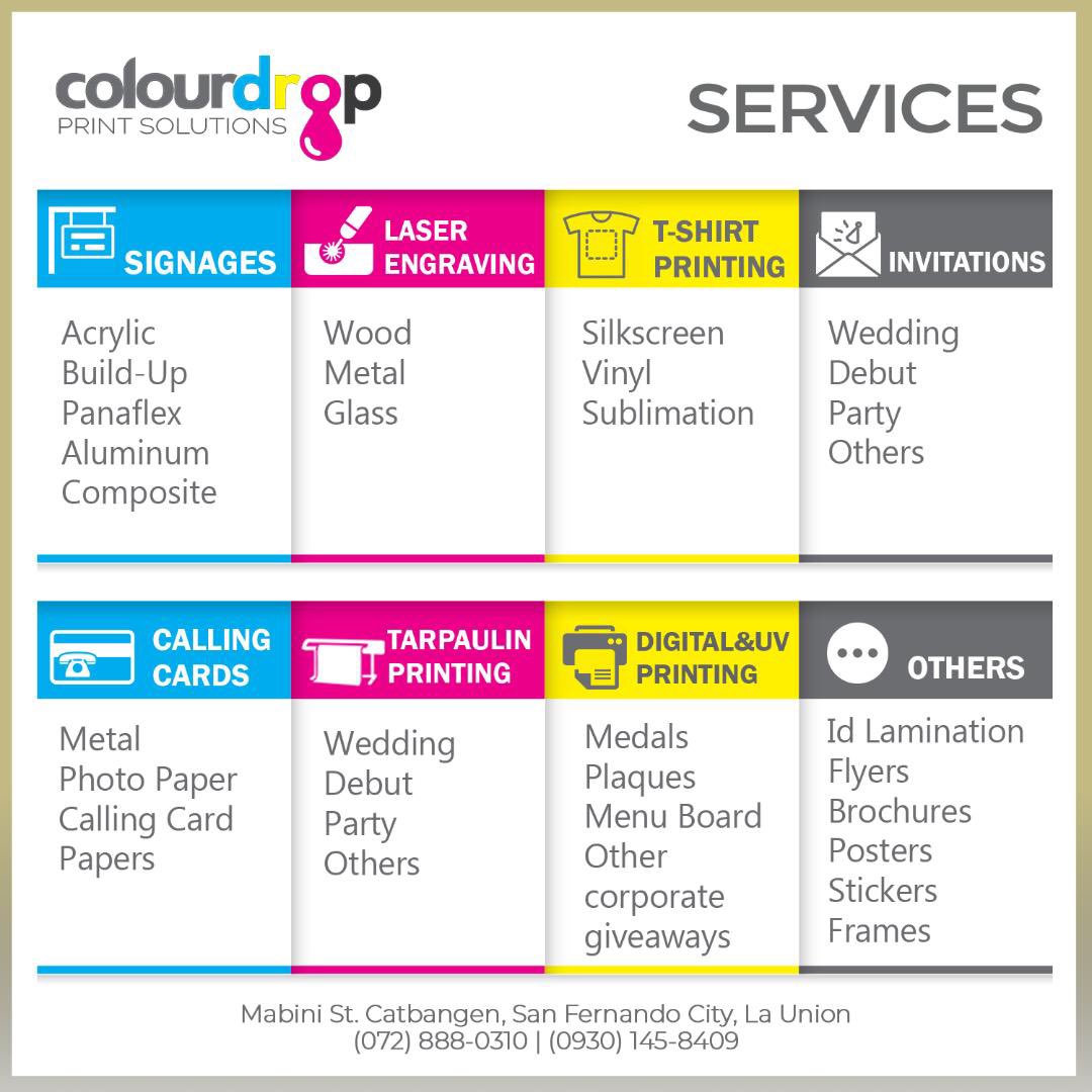 ColourDrop_PS's tweet photo. Here's the different services that we can offer. Contact us for more info and inquiries!

#colourdrop #printingshop #elyu https://t.co/IimVom4qUY