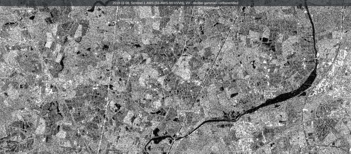 Fishlake (UK) floods. Development of floods from Sentinel 1 radar imagery (5, 8, 11 Nov). Flood water appears black. (Data <a href="/sentinel_hub/">Sentinel Hub</a> <a href="/ESA_EO/">ESA Earth Observation</a>). More rain forecast on Thursday.