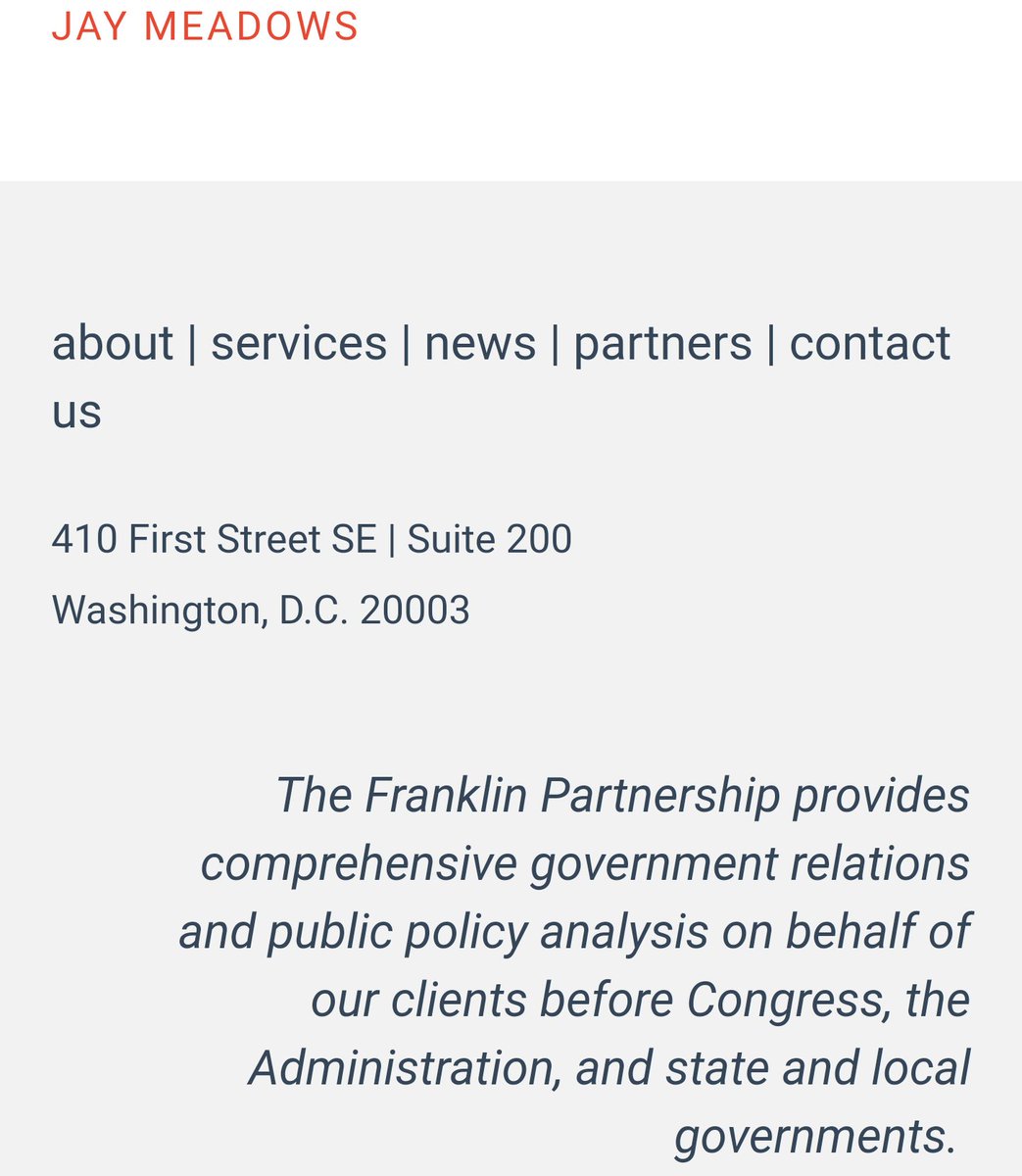 I believe Jay Meadows is likely this lobbyist who has roots in Texas, but works for The Franklin Partnership in D.C.This would also correspond with USATransForm having a D.C. branch as well and suggests USATF may be looking to unofficially "lobby" political leaders. /16