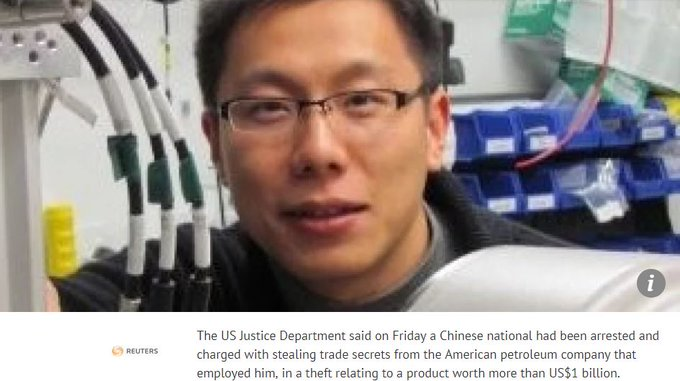 __Inty__'s tweet image. 中国间谍谭宏进今天认罪（Hongjin Tan），35岁，美国绿卡，南京大学本科，加州理工学院博士，FBI破获他越权下载了雇主的 “ 手机和锂电池系统销售商业秘密 ”，价值超过10亿美元，转给中国。 详情欢迎点击链接收看今天的节目 youtu.be/o3VoyiX-yEM