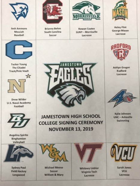 JHSAthletics's tweet photo. COLLEGE SIGNING DAY:  please join us tonight (11/13) at 6 pm in the auditorium as we honor our student-athletes who have committed to play college athletics.  We are very proud of these 13 student-athletes!!  GO EAGLES!! https://t.co/eI6FyUz6WI