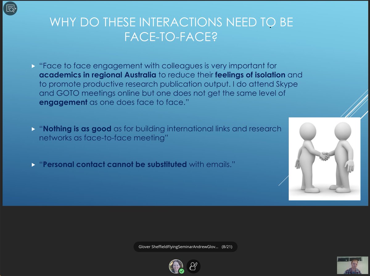 Challenges to Australian academics  #flyingless: Academics think "nothing is as good" as face-to-face meeting. Australia's widespread geography. Sydney/major urban hubs don't fly as much, but more remote locations feel "duty to fly" also int'l shows  @theandrewglover