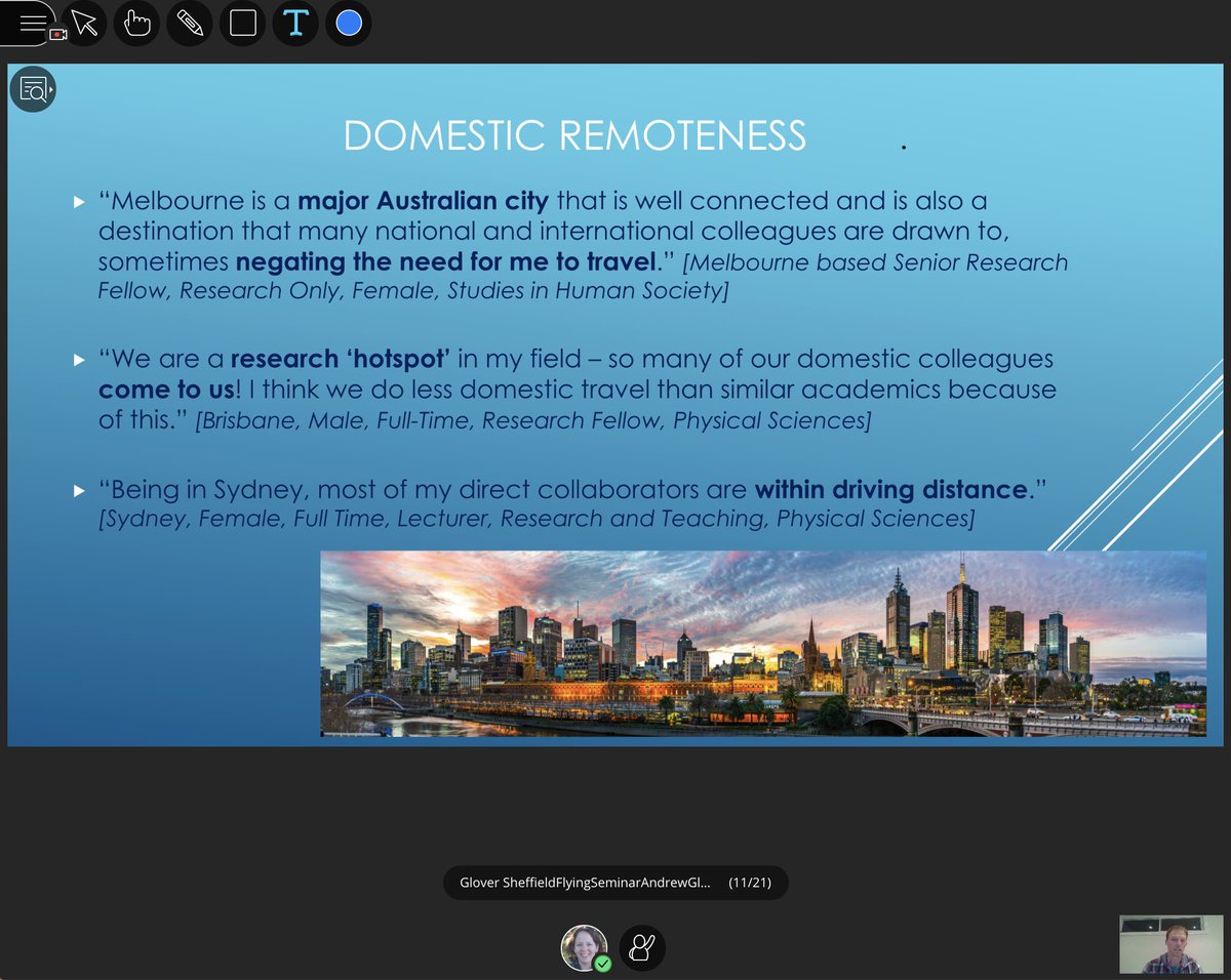 Challenges to Australian academics  #flyingless: Academics think "nothing is as good" as face-to-face meeting. Australia's widespread geography. Sydney/major urban hubs don't fly as much, but more remote locations feel "duty to fly" also int'l shows  @theandrewglover