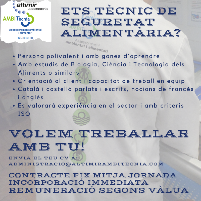 Atenia_AA's tweet photo. Vols formar part del nostre equip?
🔴Ampliem plantilla!
Busquem tècnic de seguretat alimentària a mitja jornada
Fes-nos arribar el teu cv a administracio@altimirambitecnia.com
#seguretatalimentària #altimirambitècnia #aagrup https://t.co/Hufi97FWjr