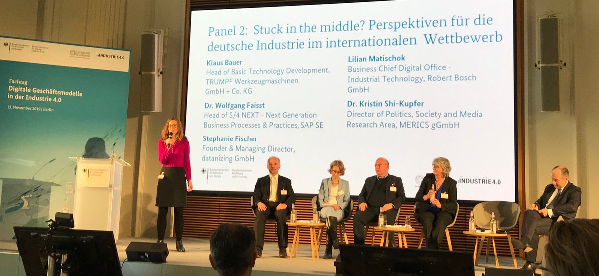 plattform_i40's tweet photo. Stuck in the middle?
Perspektiven für die deutsche Industrie im internationalen  Wettbewerb diskutieren u.a. 
@kbauer_trumpf, @TRUMPF_News @WolfgangFaisst, @SAP @datanizing @BoschGlobal @merics_eu

auf dem Fachtag der @plattform_i40 &amp; @LernendeSysteme. https://t.co/ZpbQi62ZmP https://t.co/AjmBqnIQvx