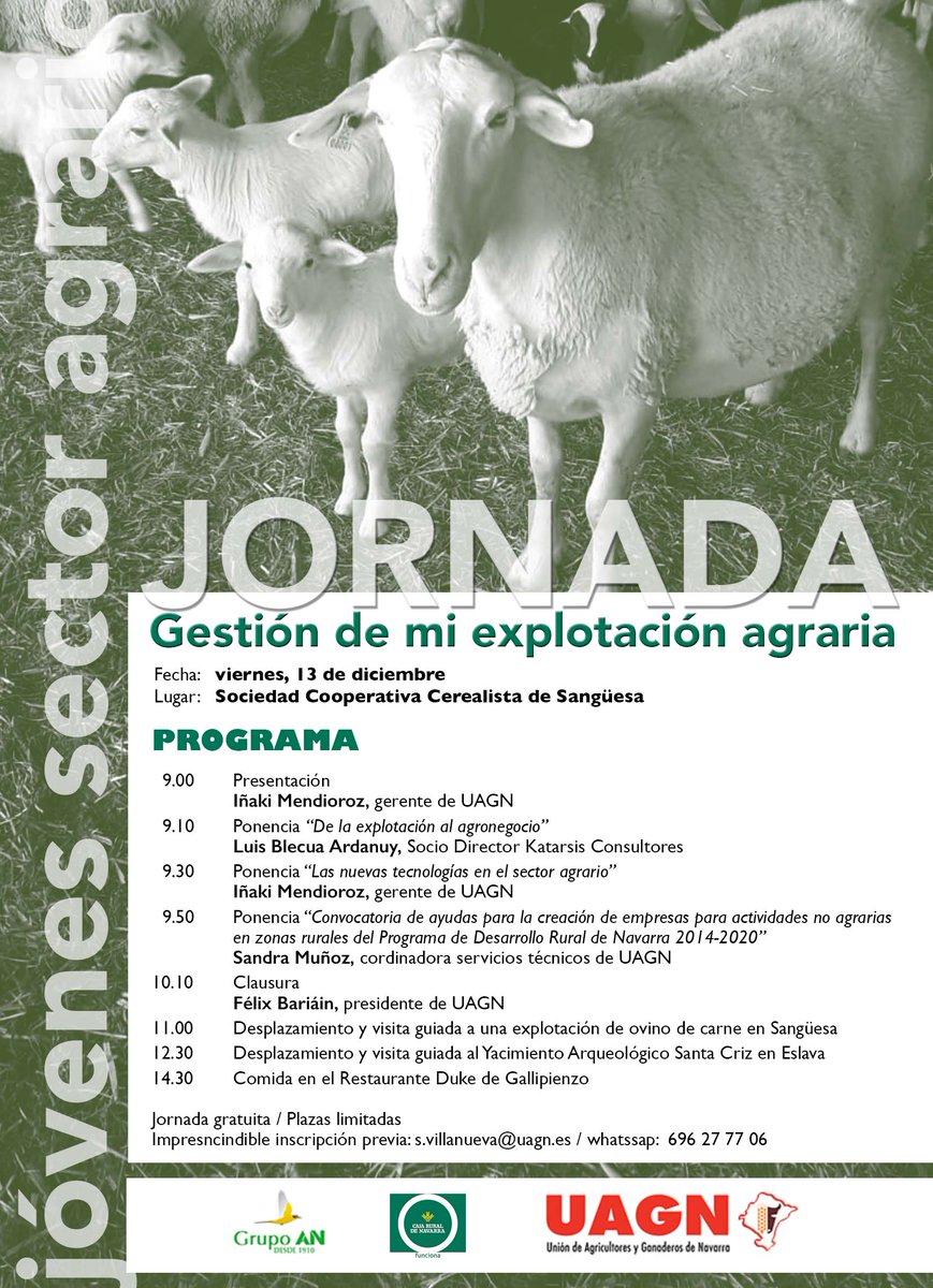 UAGNavarra's tweet photo. 👨‍🌾#jornadajóvenes "Gestión de mi explotación agraria"👩‍🌾 el 13 de diciembre en la Cooperativa Cerealista de Sangüesa. #uagnavarra @GrupoAN_Natural @CajaRuralNav @SantaCrizEslava 
No te lo pienses e inscríbete en nuestra web https://t.co/lfdl8NG1JH https://t.co/03OeaUdFsJ