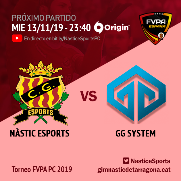 NasticeSports's tweet photo. Jornada 1 y 2 | @FVPA_ESP

⏰23:10 h | @S1X6EESR3APERS🆚 #Nàstic
⏰23:40 h | #Nàstic🆚@GGSystem

📺 https://t.co/lYcaE9Nnas      

Después de comenzar la VFO invictos, nuestro equipo de #PC empieza hoy miércoles el Torneo FVPA PC 2019. A seguir sumando :D

🧬 #ADNàstic #FIFA20 https://t.co/BKjgcjwIGb