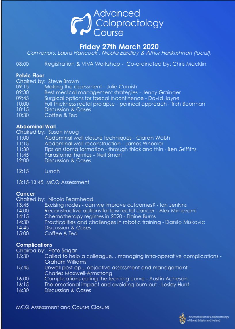 ACPGBI 2020 Advanced Coloproctology Course programme out. Early bird rates before the end of November. Register at acpgbi.org.uk/events/advance…