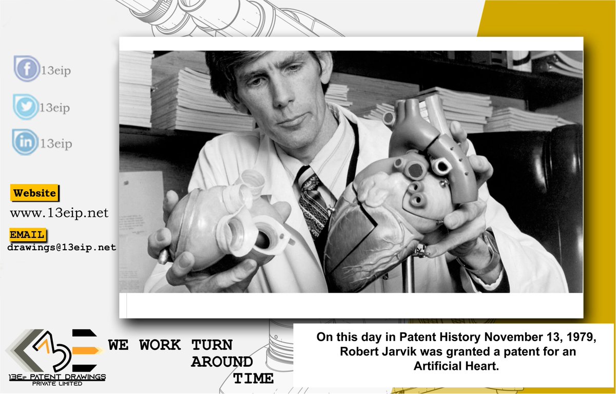 Viable13eip's tweet photo. On this day in #PatentHistory November 13, 1979 :
#RobertJarvik was granted a #patent for an #ArtificialHeart.
#copyrights #iprights #trademark #uspto #intellectualproperty #invention #designs https://t.co/CydNnusTvg