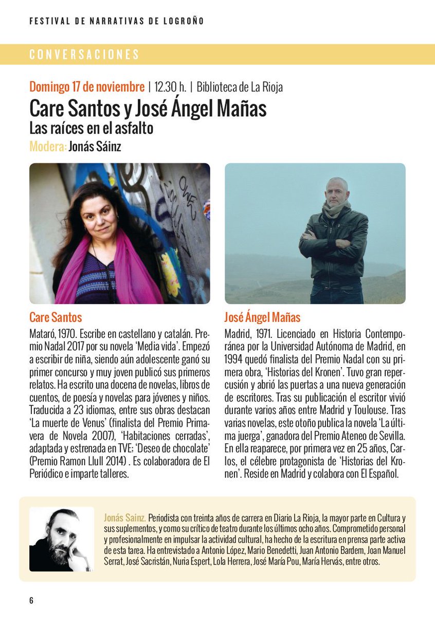 ¡Nos encanta <a href="/CuentaLOfest/">Festival CUÉNTALO</a>! Gracias al festival de narrativas de Logroño, tenemos el placer de conocer a dos escritores como Care Santos o José Ángel Mañas en la charla "Las raíces en el asfalto", moderada por <a href="/JonasSainz/">Jonás Sainz</a> de @riojacom.  

ℹ️ow.ly/WxCk50x9sWM