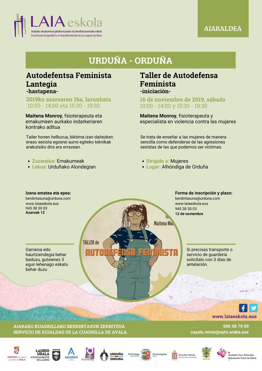 AUTODEFENTSA FEMINISTA #ARABA|n
EMAN IZENA!!

⚠️ #BILAR
📅 Larunbata, 10:00 - 14:00 eta 16:00 - 20:00
📌 Tabernan
laiaeskola.eus/ekitaldia/elvi…

⚠️ #URDUÑA
📅  Larunbata, 10:00 - 14:00 eta 15:30 - 19:30
📌 Alondegia
laiaeskola.eus/ekitaldia/ordu…
#LAIAeskolaAiaraldea #LAIAeskolaArabakoErrioxa