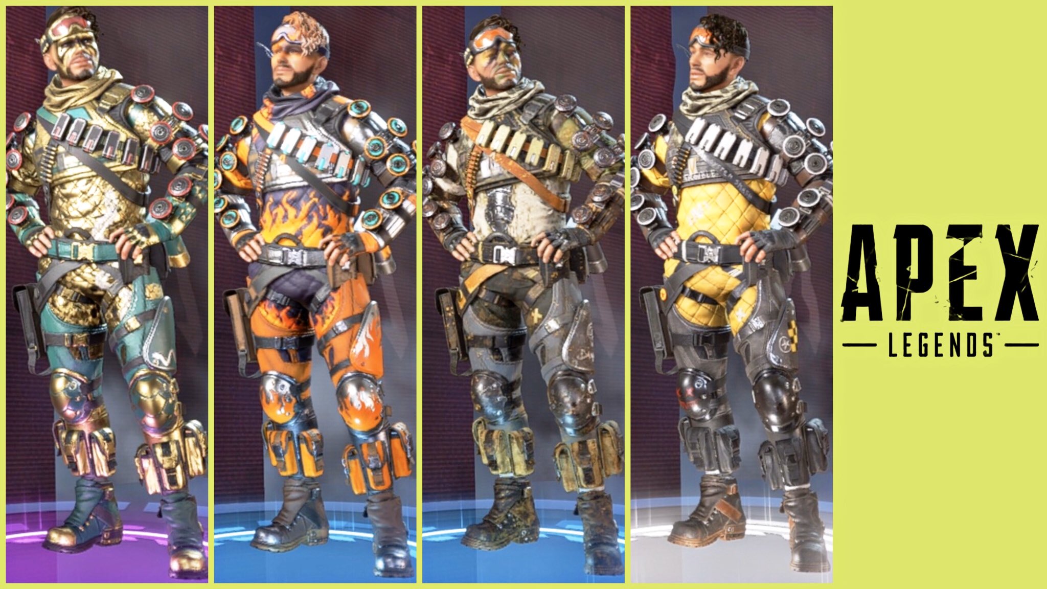 ﾋｶﾙ 7鯖 Apexのミラージュの金レアスキンと 紫レア以下の限定スキンと比較用の通常スキンを暇なのでまとめた 次出るとしたら黄色のスキンの金レアだねぇ 色なんだろうね