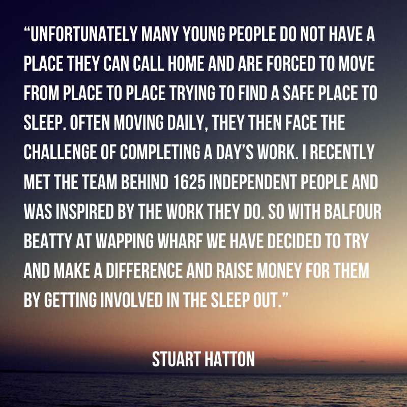 1625ip's tweet photo. Stuart Hatton, MD at Umberslade, developer behind @WappingWharfBS1, is taking part in our Sleep Out with some of the team for Balfour Beatty, the construction team behind phase two of the development. 

Here he explains why he's doing this...

#United #SleepOut1625ip @EYH_UK https://t.co/Os0SvOUWBl