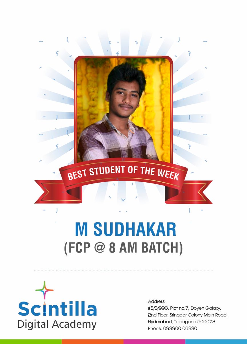 ScintillaAcadem's tweet photo. Congratulations Sudhakar for your achievement as Best student of the week in #Finalcutpro.
Join #filmmaking course https://t.co/u5pHyaqz8L
Contact Us:9390006330 
#FCPtraining #Hyderabad 
#WednesdayWisdom #WednesdayThoughts #WednesdayMotivation 
#WorldKindnessDay https://t.co/ronisFDmyJ