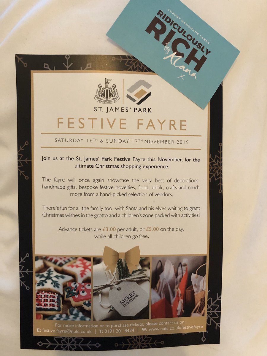 I have a few pairs of tickets available for the <a href="/FestiveFayre/">Festive Fayre</a>  at St James Park, Newcastle this weekend.  If you’d like some please let me know and I’ll DM for details to post out to you! All <a href="/Alana_Spencer_/">RidiculouslyRichbyAlana</a> goodies will be available!