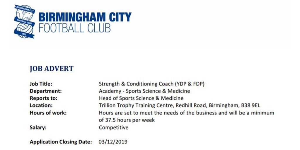 UKSCA (@uksca) on Twitter photo JOB ALERT | Strength & Conditioning Coach (YDP & FDP) <a href="/BCFC/">Birmingham City FC</a>
📅 Deadline - 3rd December, 2019
📱 bit.ly/2CxLDN4
Tag a friend who may be interested... JOB ALERT | Strength & Conditioning Coach (YDP & FDP) <a href="/BCFC/">Birmingham City FC</a>
📅 Deadline - 3rd December, 2019
📱 bit.ly/2CxLDN4
Tag a friend who may be interested...