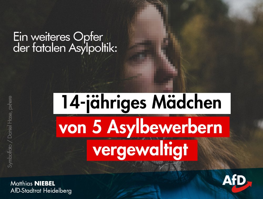 MatthiasNiebel's tweet photo. Wo bleibt das Mitgefühl der Toleranten und Weltoffenen? Wenn Özdemir eine böse Mail bekommt, berichtet die #ARD ausführlich darüber. Wenn aber ein Mädchen Opfer eines grausamen Verbrechens durch Asylbewerber wird, herrscht EISIGES SCHWEIGEN. Wie zynisch und kaltblütig!
#ulm #AfD https://t.co/zP1ZrZFjvp