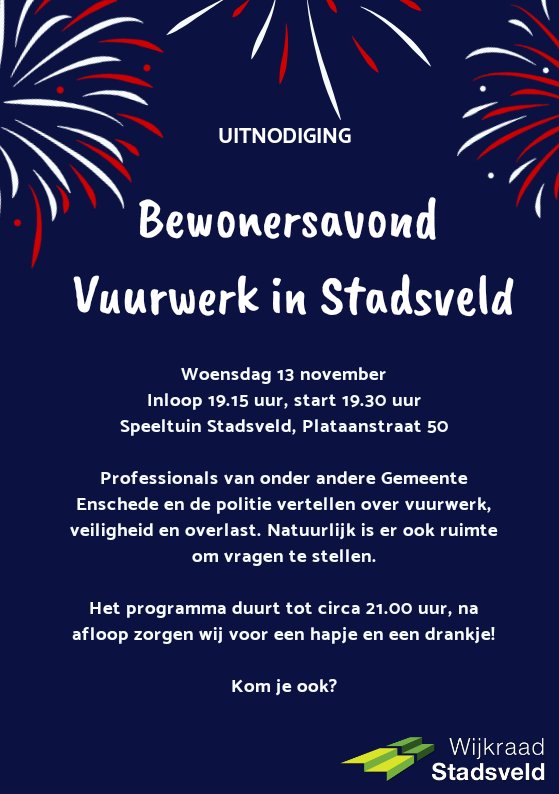 Vanavond is het zo ver! De bewonersavond over vuurwerk in Stadsveld. Ben jij er bij?