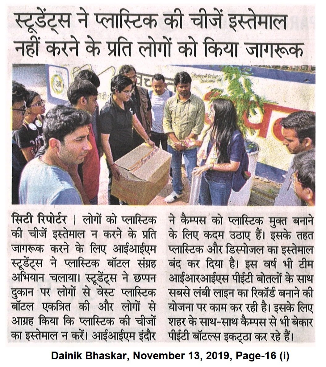 IIM_I's tweet photo. @Iris_IIMI @askhimanshurai @Nai_Dunia @HRDMinistry @PMOIndia We've put a ban on #Plastic & are using copper water bottles, wooden spoons and forks and glass tumblers. @Iris_IIMI conducted a drive collecting plastic bottles from various regions of #Indore & will create a #worldrecord of longest #plasticbottleline.
#IRIS #IRIS2019 #News https://t.co/DTFVMmLaci