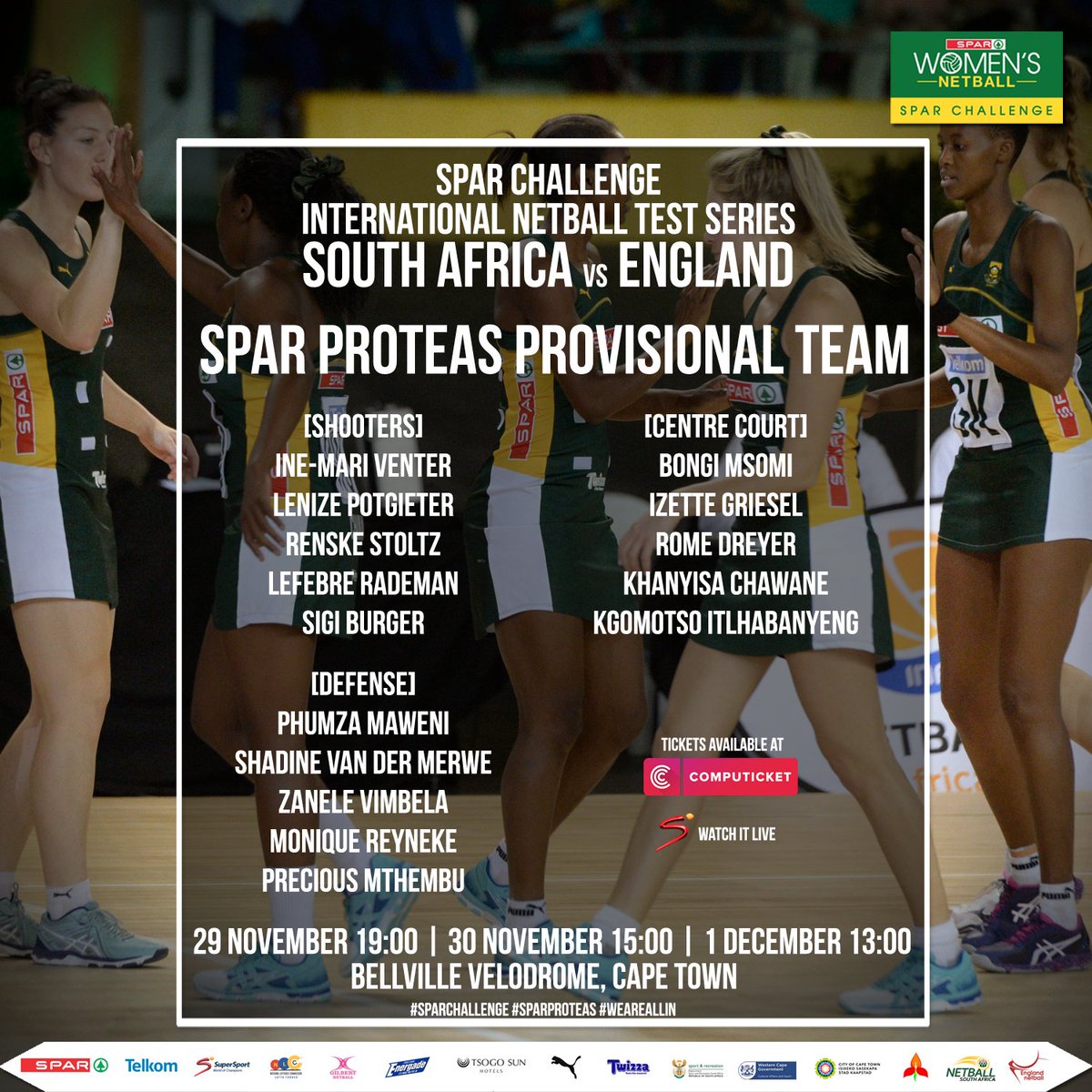 Netball_SA's tweet photo. 🗣️ SPAR PROTEAS NEWS

Netball South Africa announces preliminary squad to face England 29 November until 1 December at the Velodrome in Cape Town.

🇿🇦🏴󠁧󠁢󠁥󠁮󠁧󠁿

READ | https://t.co/w6sy8tRGHc

#SPARChallenge #SPARProteas #WeAreAllIn https://t.co/QxhkItESf4