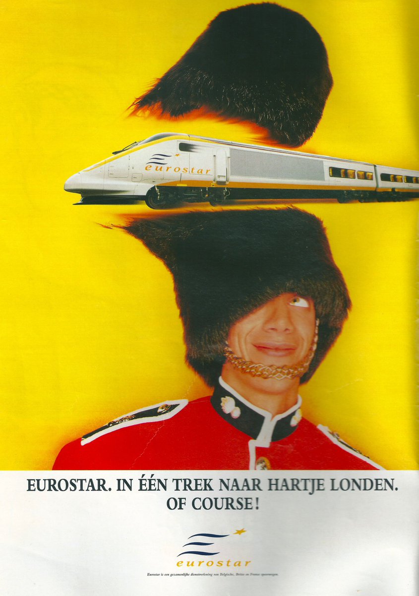 Another Belgian  <a href="/eurostar/">Eurostar</a> advert that was all over the magazines 25 years ago.It was also up in all the stations, together with the Big Ben one. More ads in theguardian.com/media/media-bl… #Eurostar25