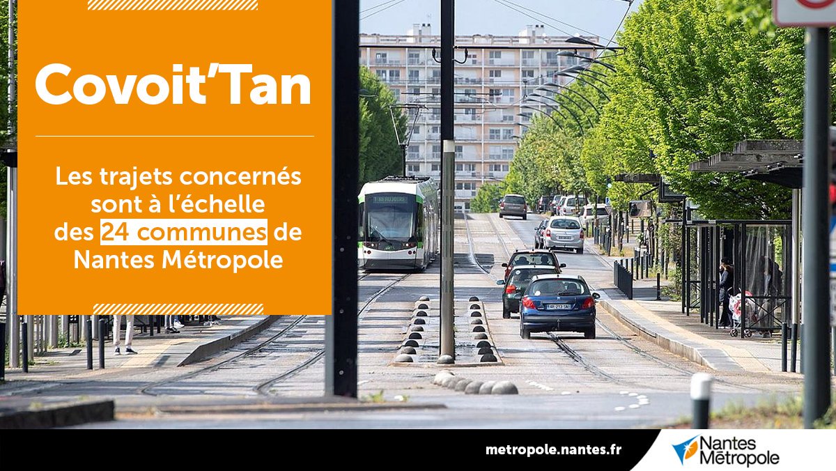 🚘Une solution innovante qui étend l'offre de transports publics, au prix d'un ticket
Covoit'Tan sera utilisable dans les 24 communes de la Métropole🤳
3⃣ conditions : 
👉être majeur
👉effectuer un trajet de + de 2km
👉posséder un smartphone
bit.ly/covoit-tan