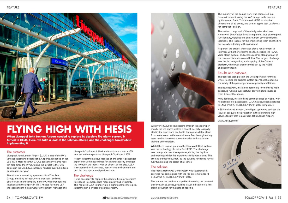 HESIS_ltd's tweet photo. In November's edition of Tomorrow's FM, out today, our work at Liverpool John Lennon Airport features, as does the news about our southern expansion. Great to see recognition of our work with @Honeywell https://t.co/3hYcVftWQO
#safesecurecompliant #hesis #fm #JohnLennon https://t.co/PM4RdtUlFx