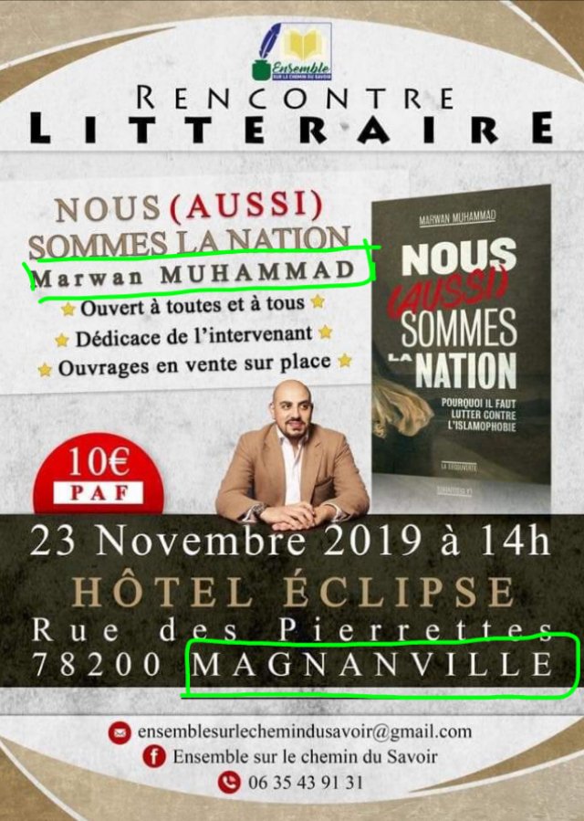 ColonisationI's tweet image. Marwan Mohammed ancien du ccif, 
et frère musulman, souhaite  dedicacer son ouvrage plein de haine dans la ville ont été assassinés deux citoyens à Magnanville. Mobilisons nous pour empêcher une telle réunion...