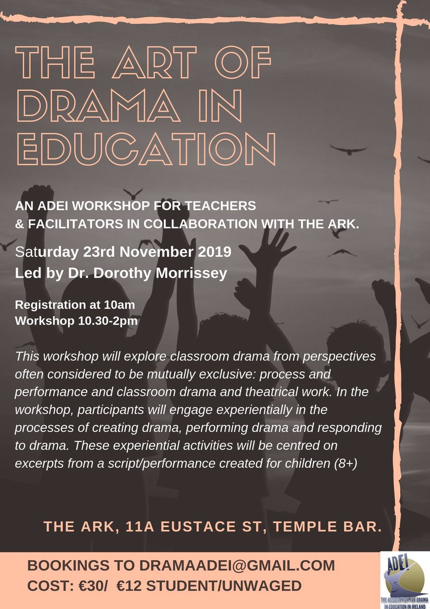The countdown is ON to our next big workshop and our first event at <a href="/TheArkDublin/">The Ark Dublin</a> and there are a very teeny few spaces still left. Register at dramaadei@gmail.com to snap them up #DramaInEducation #Teachers #Facilitators #CPD