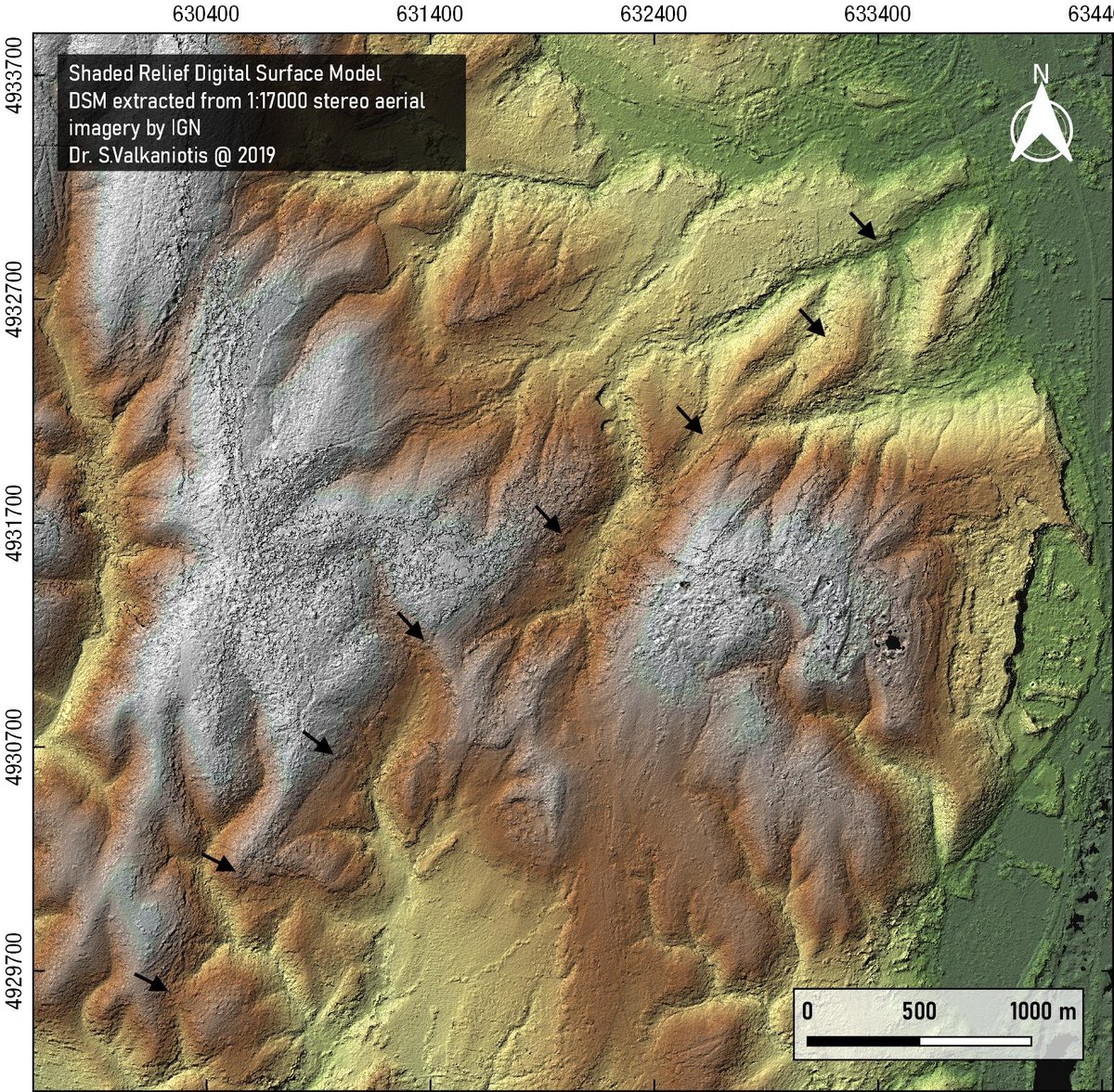 SotisValkan's tweet photo. @esa_gep Due to the lack of an available high-res digital elevation model reference for the Mw 4.9 rupture area, here's a shaded relief (resolution 1.2m) I prepared made using scanned IGN historical stereo aerial images (1:17.000). Arrows trace the Nov11 fault rupture. https://t.co/hoR8s8omIV