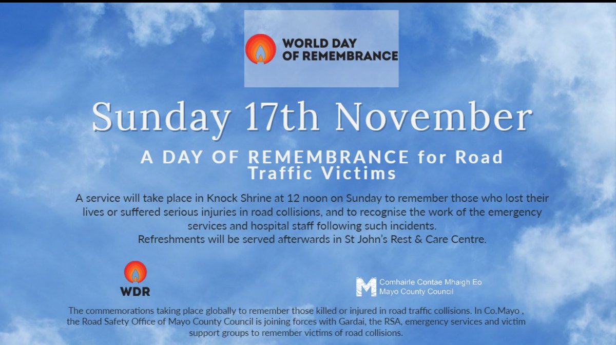 A service will take place in Knock Shrine at 12 noon on Sunday to remember those who lost their lives or suffered serious injuries in road collisions &amp; to recognise the work of the emergency services 

Refreshments will be served afterwards in St John's Rest &amp; Care Centre.