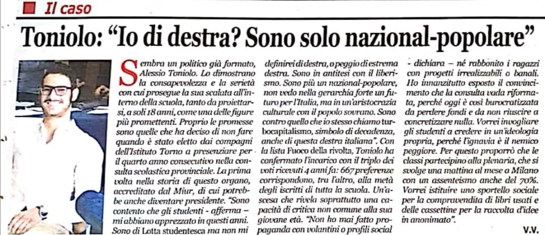 Intervistato dal #giornale dell'#altomilanese ho avuto modo di parlare della mia quarta #elezione alla #consultaprovincialestudentesca con 677 voti. Ci ho tenuto inoltre a ribadire che nessun #militante di #lottastudentesca deve essere definito di #destra.