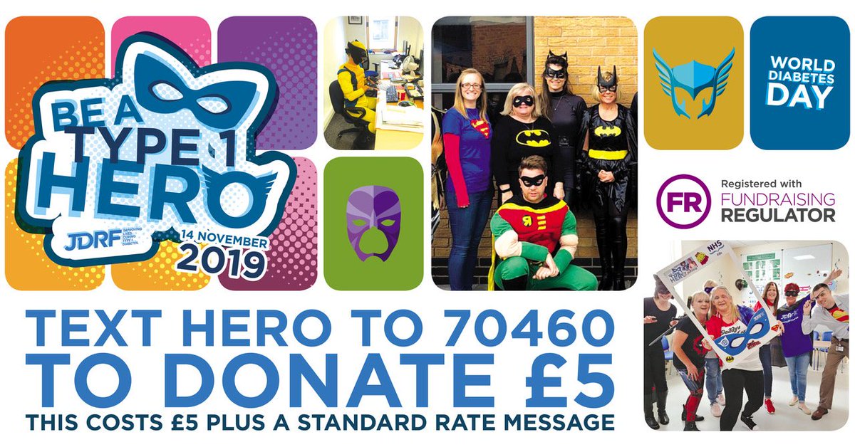 This Thursday 14th November is #WorldDiabetesDay 
To mark #WorldDiabetesDay2019, we’re calling all #type1superheroes! Donate today and join a global movement to create a world without #type1.
🦸‍♀️ Text HERO to 70460 to donate £5 (costs £5 plus a standard rate message). #WDD19