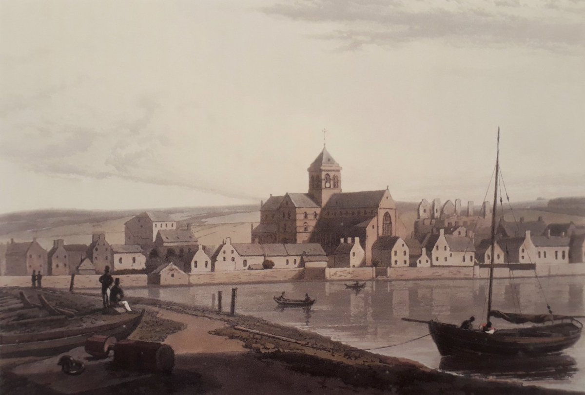 'But the glory of Kirkwall, as of Salisbury, lies about it's Cathedral, which towers, with narrow gables and slope-slate roof and wonder of red stonework and white, above the little green and little grey town on the seaboard.'  #RLSDay(Artwork by William Daniell 1769-1837)