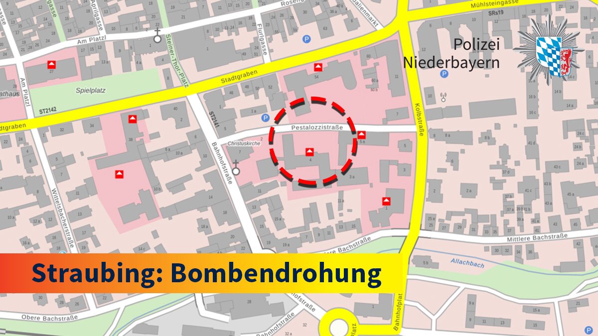 polizeiNB's tweet image. #Straubing #Bombendrohung
Unbekannter spricht Drohung ggü. Berufsschule in der #Pestalozzistraße aus. 
Aktuell läuft die Evakuierung von 400 Schülern. 
Das Gebäude wird danach abgesucht. Auch Diensthunde sind im Einsatz. 
Verkehrsteilnehmer bitte den Bereich weiträumig umfahren.